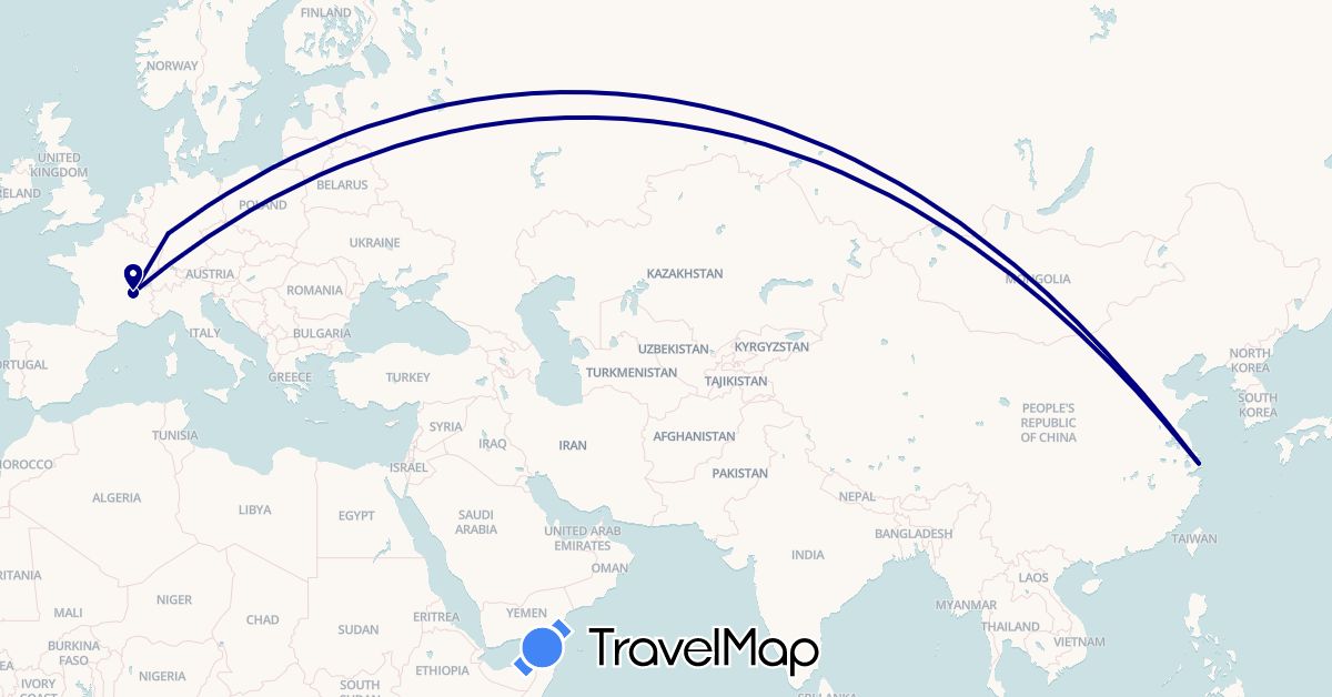 TravelMap itinerary: driving in China, Germany, France (Asia, Europe)